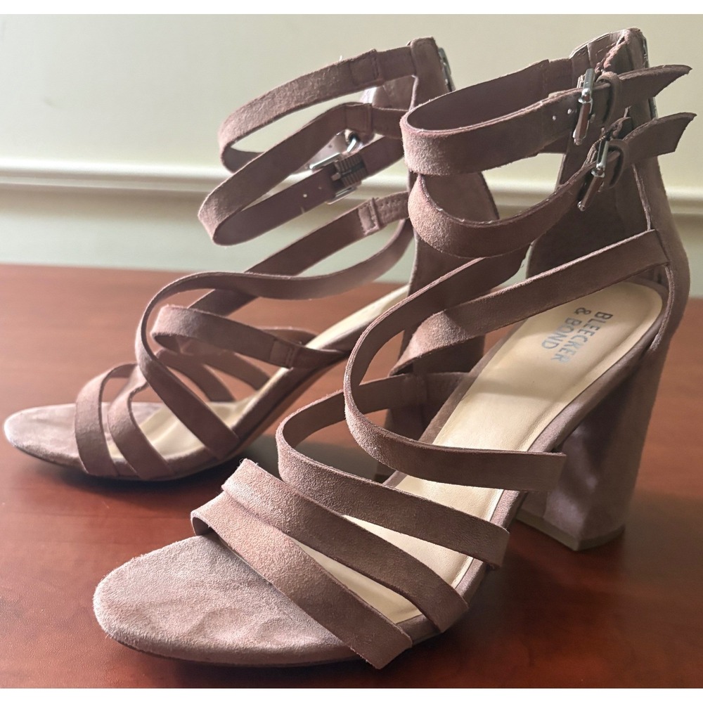 Bleecker & Bond Mindy Tan Suede Strappy Block Heel Sandals Womens 9M